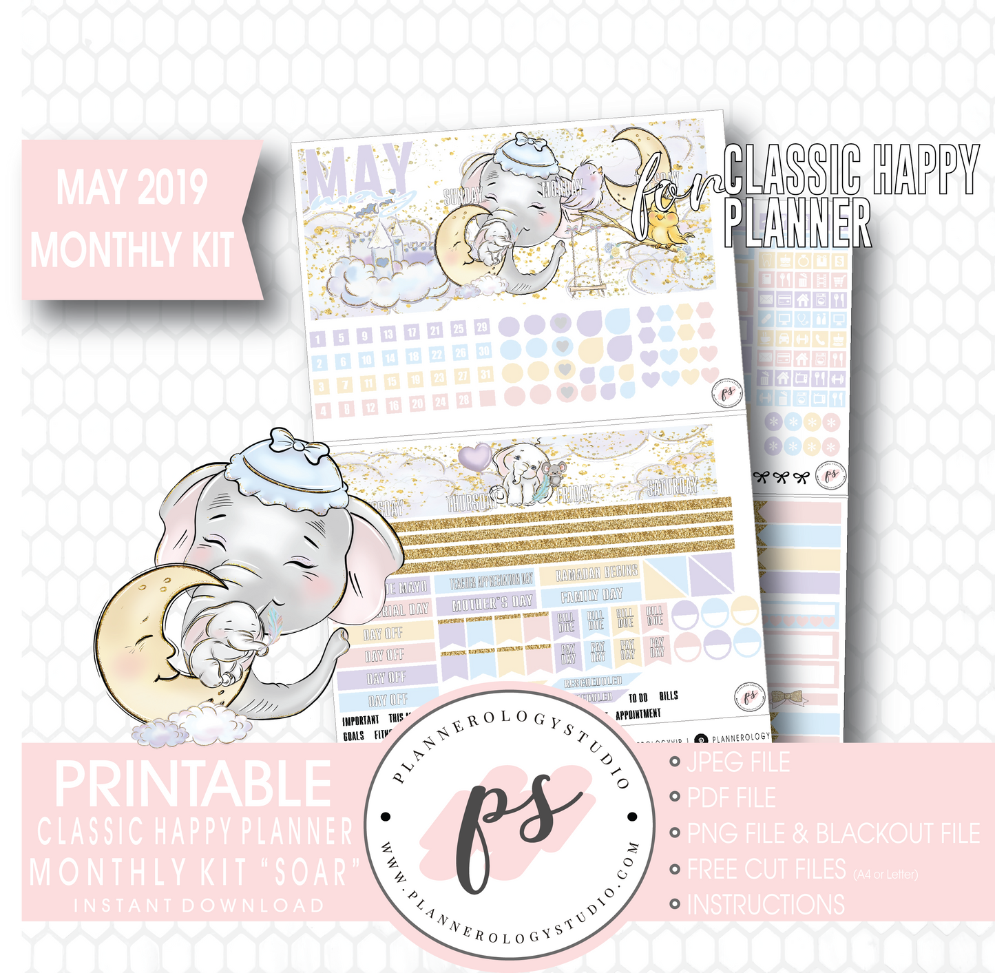 Soar (Dumbo Inspired) May 2019 Monthly View Kit Digital Printable Planner Stickers (for use with Classic Happy Planner) - Plannerologystudio