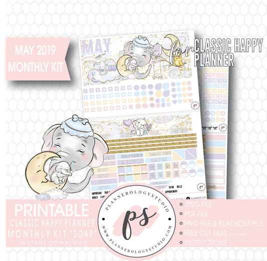 Soar (Dumbo Inspired) May 2019 Monthly View Kit Digital Printable Planner Stickers (for use with Classic Happy Planner) - Plannerologystudio