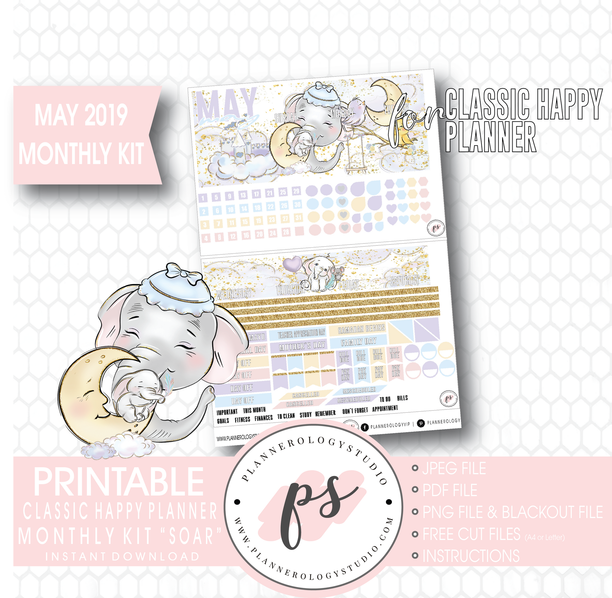 Soar (Dumbo Inspired) May 2019 Monthly View Kit Digital Printable Planner Stickers (for use with Classic Happy Planner) - Plannerologystudio