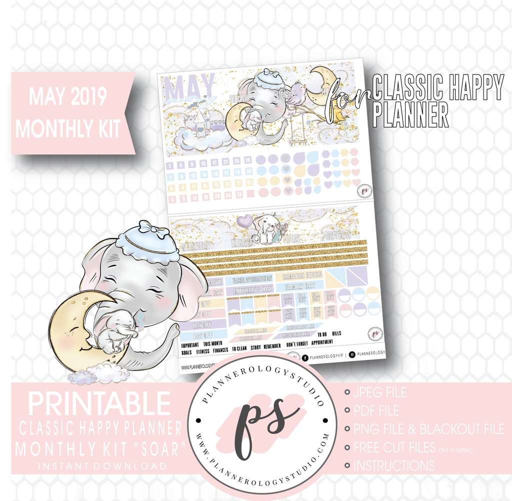 Soar (Dumbo Inspired) May 2019 Monthly View Kit Digital Printable Planner Stickers (for use with Classic Happy Planner) - Plannerologystudio