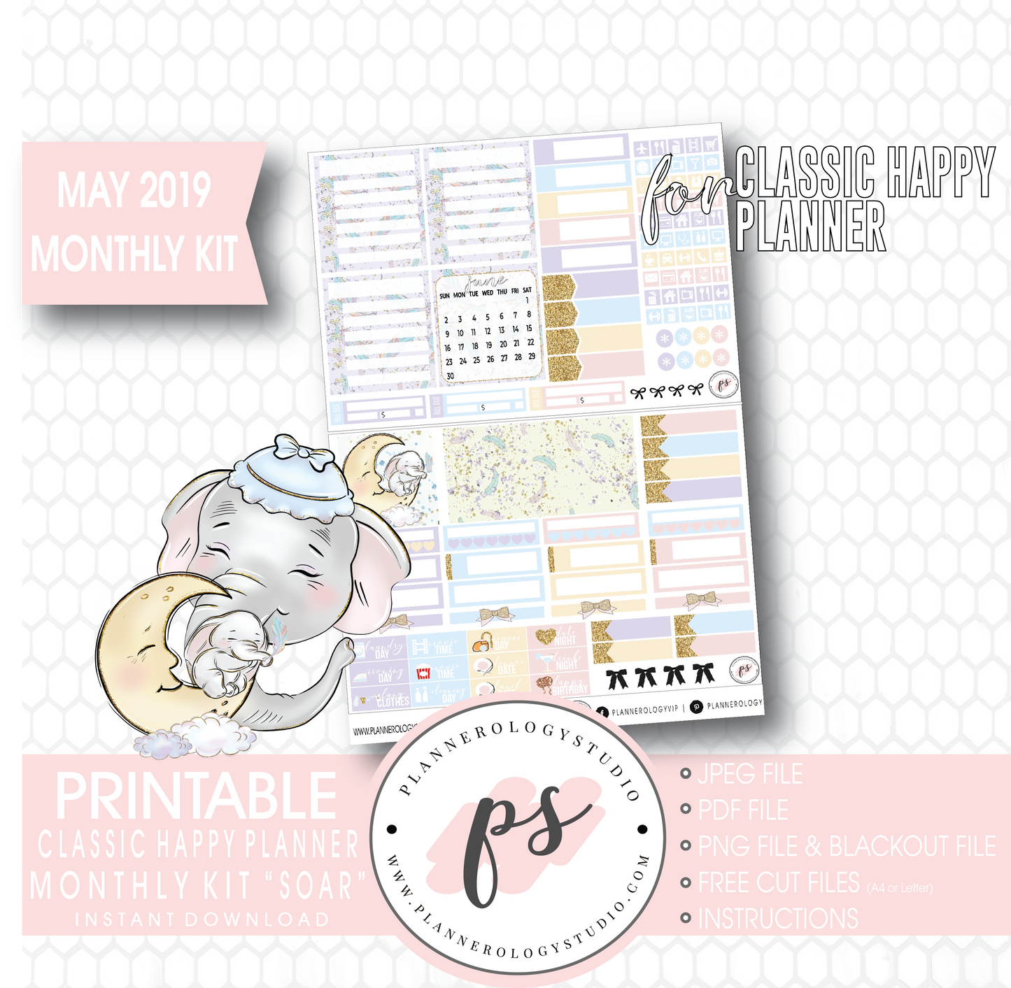 Soar (Dumbo Inspired) May 2019 Monthly View Kit Digital Printable Planner Stickers (for use with Classic Happy Planner) - Plannerologystudio