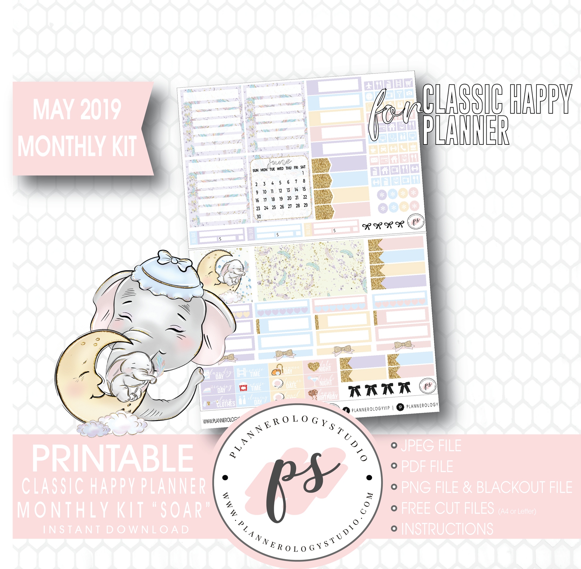 Soar (Dumbo Inspired) May 2019 Monthly View Kit Digital Printable Planner Stickers (for use with Classic Happy Planner) - Plannerologystudio