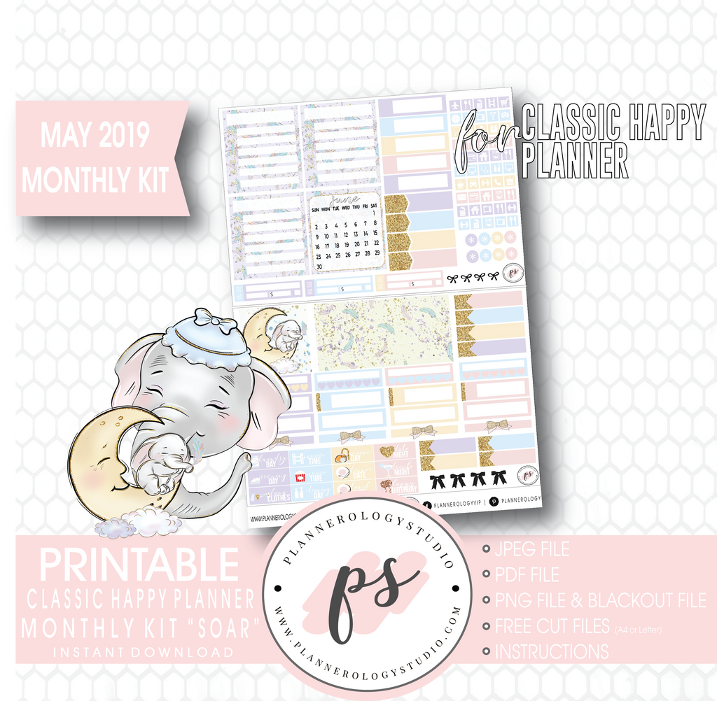 Soar (Dumbo Inspired) May 2019 Monthly View Kit Digital Printable Planner Stickers (for use with Classic Happy Planner) - Plannerologystudio