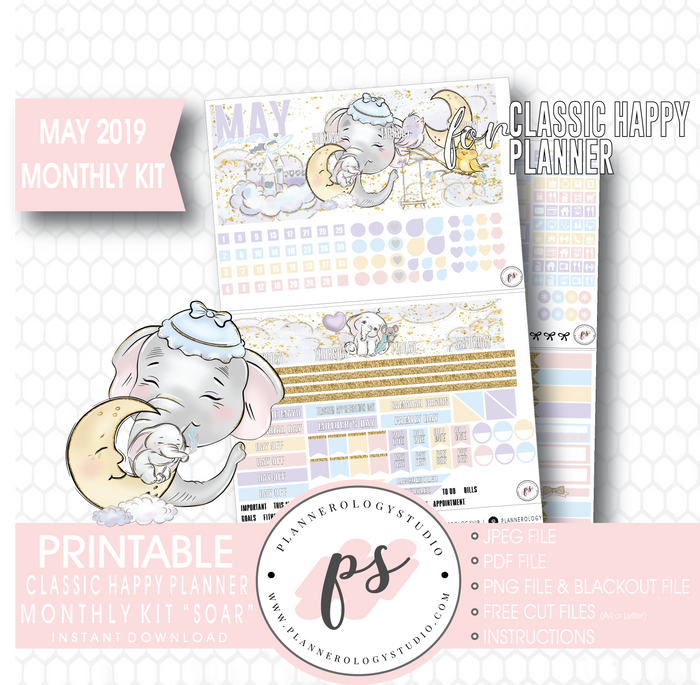 Soar (Dumbo Inspired) May 2019 Monthly View Kit Digital Printable Planner Stickers (for use with Classic Happy Planner) - Plannerologystudio