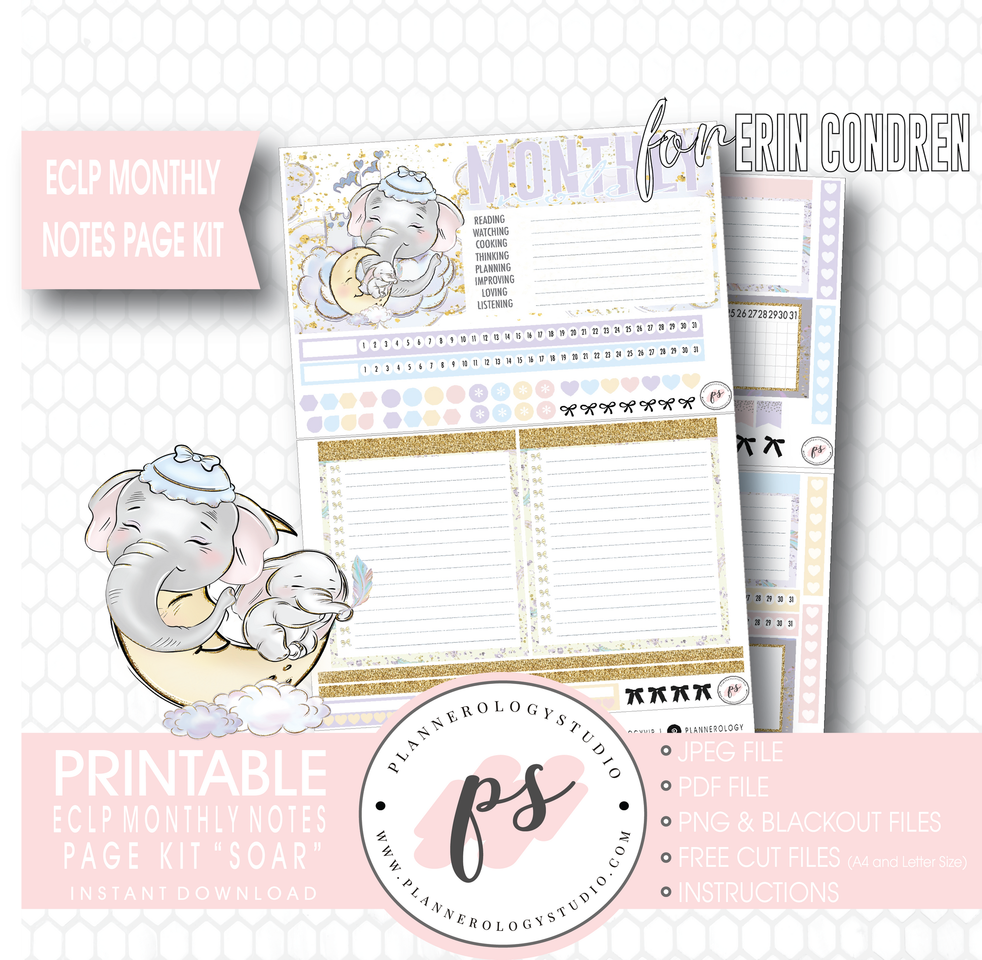 Soar (Dumbo Inspired) Monthly Notes Page Kit Digital Printable Planner Stickers (for use with Erin Condren) - Plannerologystudio