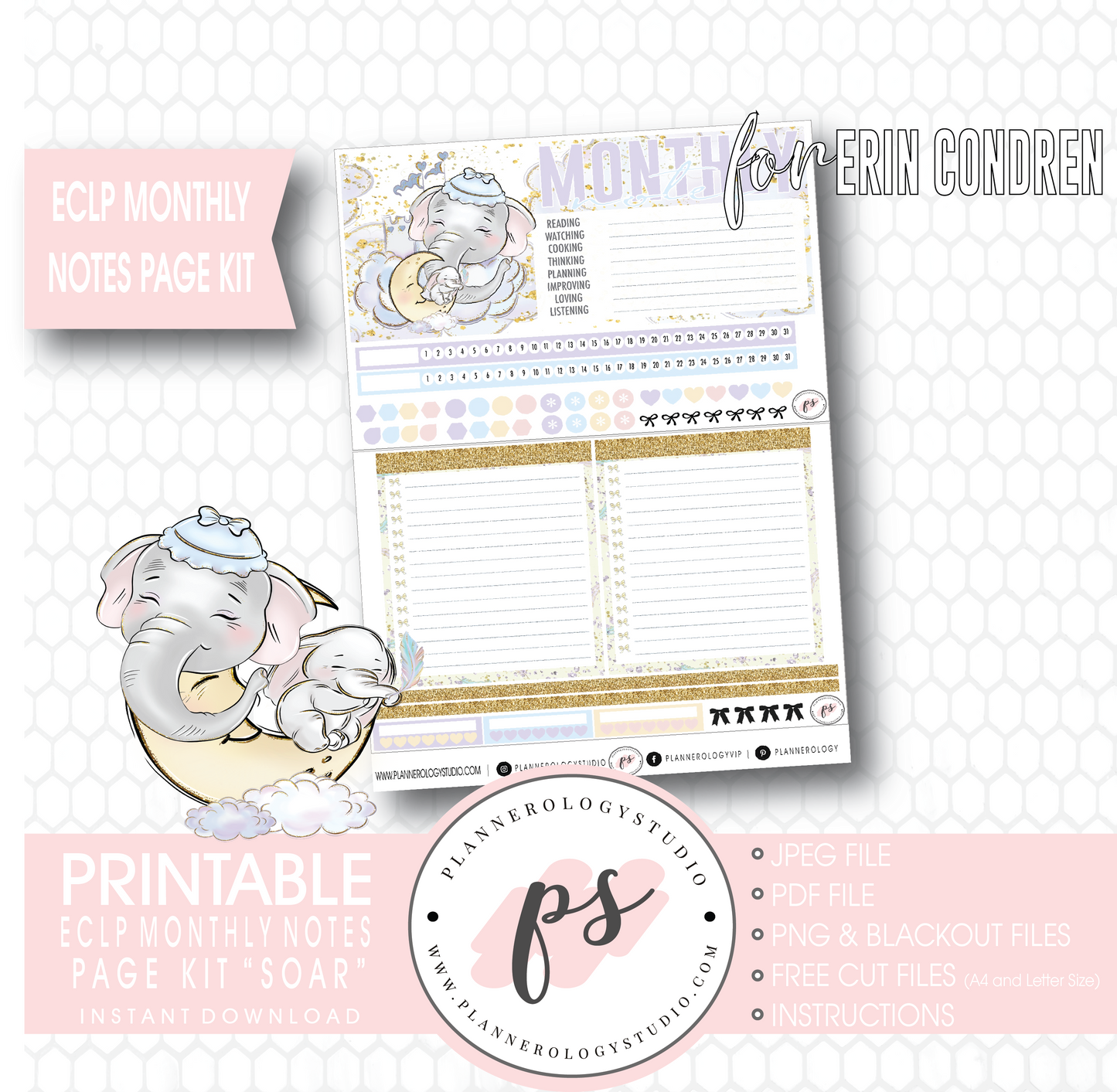 Soar (Dumbo Inspired) Monthly Notes Page Kit Digital Printable Planner Stickers (for use with Erin Condren) - Plannerologystudio