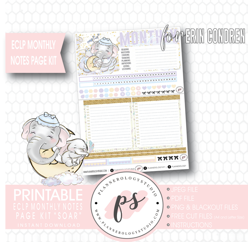 Soar (Dumbo Inspired) Monthly Notes Page Kit Digital Printable Planner Stickers (for use with Erin Condren) - Plannerologystudio