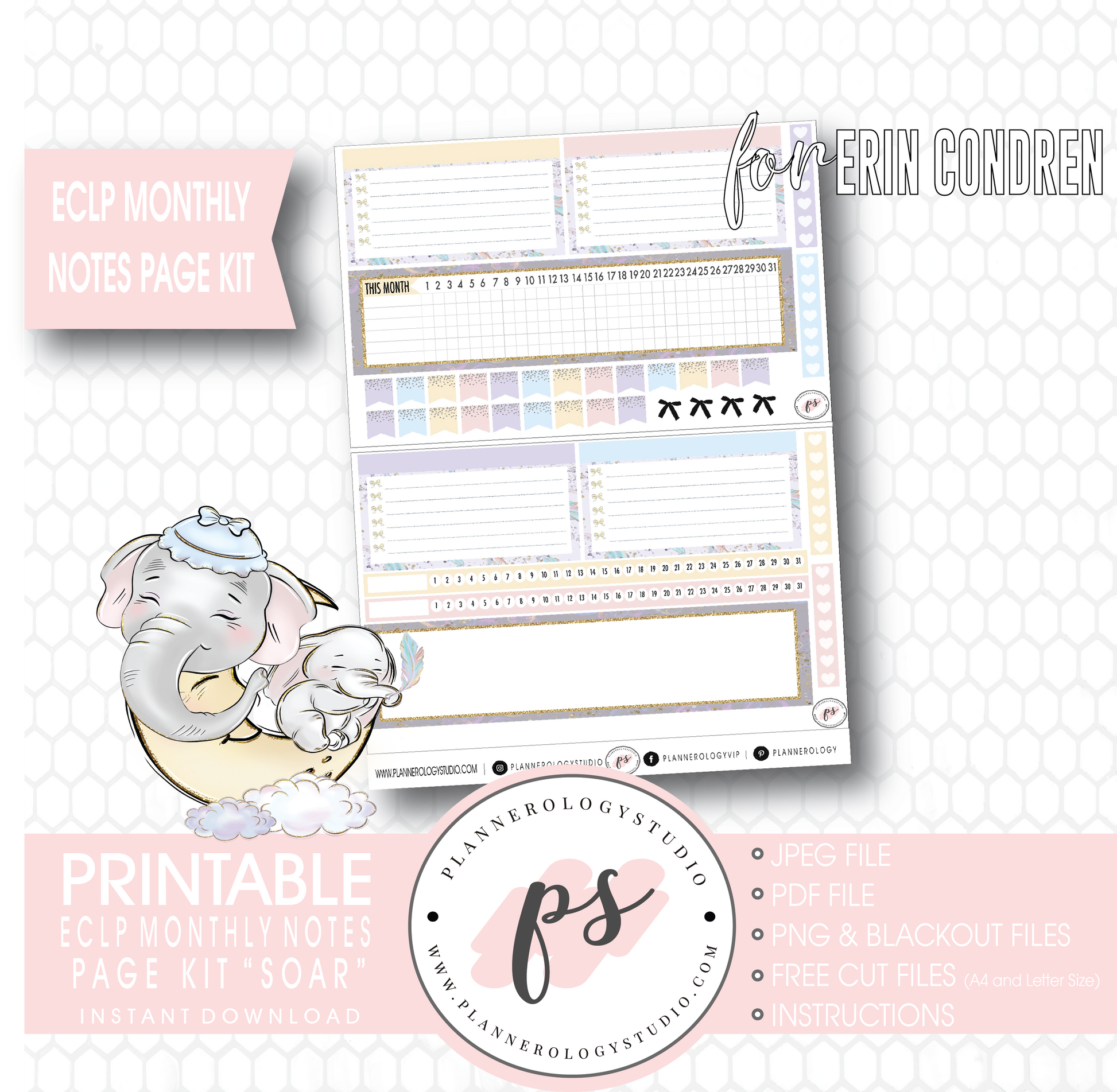 Soar (Dumbo Inspired) Monthly Notes Page Kit Digital Printable Planner Stickers (for use with Erin Condren) - Plannerologystudio