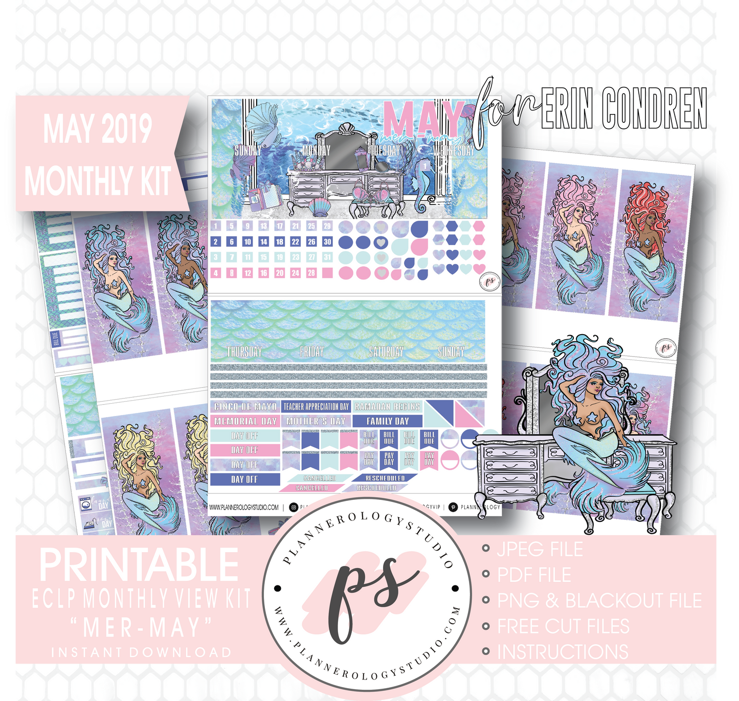 Mer-May May 2019 Monthly View Kit Digital Printable Planner Stickers (for use with Erin Condren) - Plannerologystudio