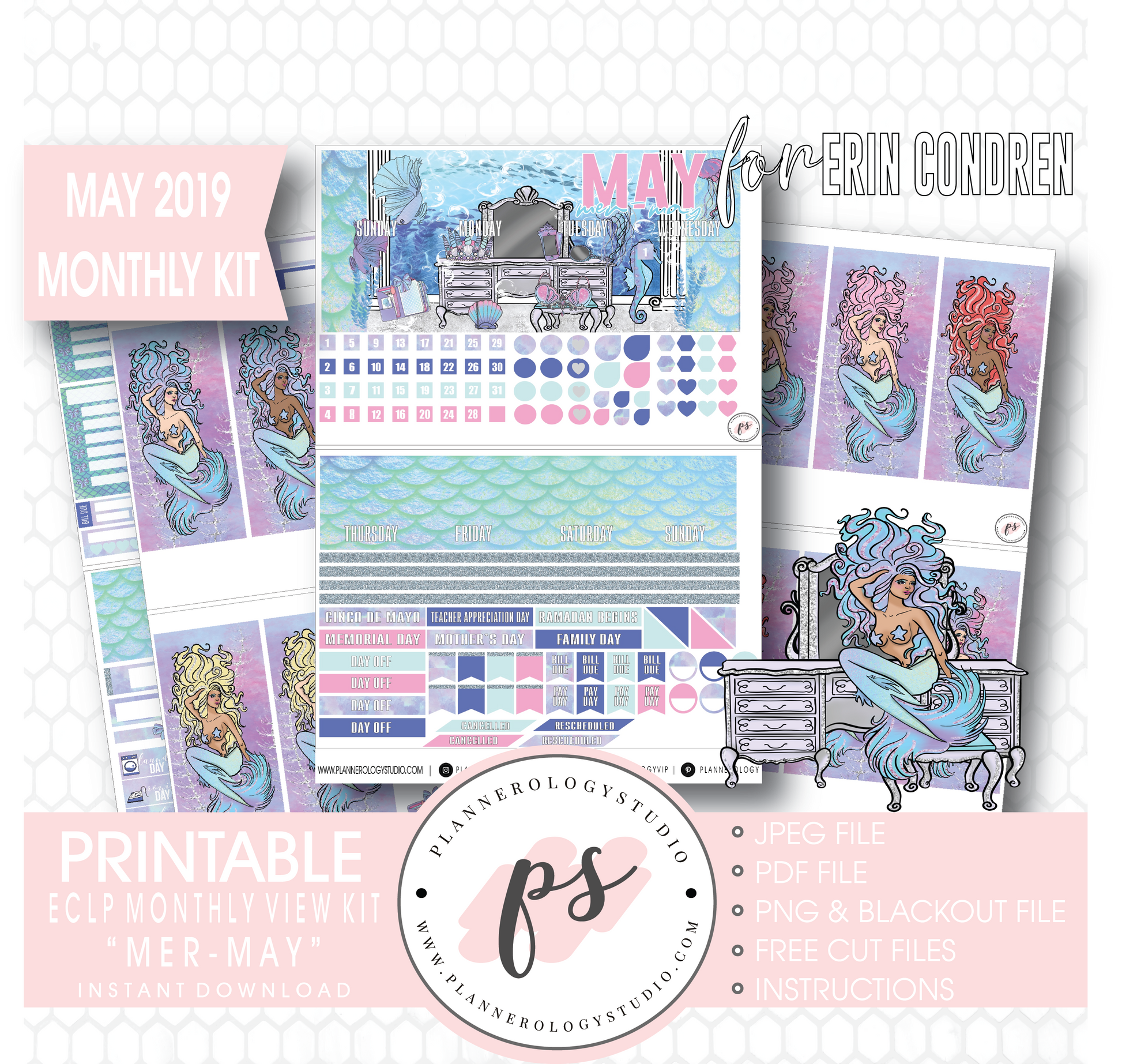 Mer-May May 2019 Monthly View Kit Digital Printable Planner Stickers (for use with Erin Condren) - Plannerologystudio