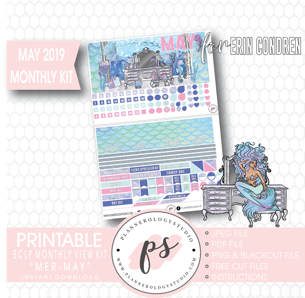 Mer-May May 2019 Monthly View Kit Digital Printable Planner Stickers (for use with Erin Condren) - Plannerologystudio