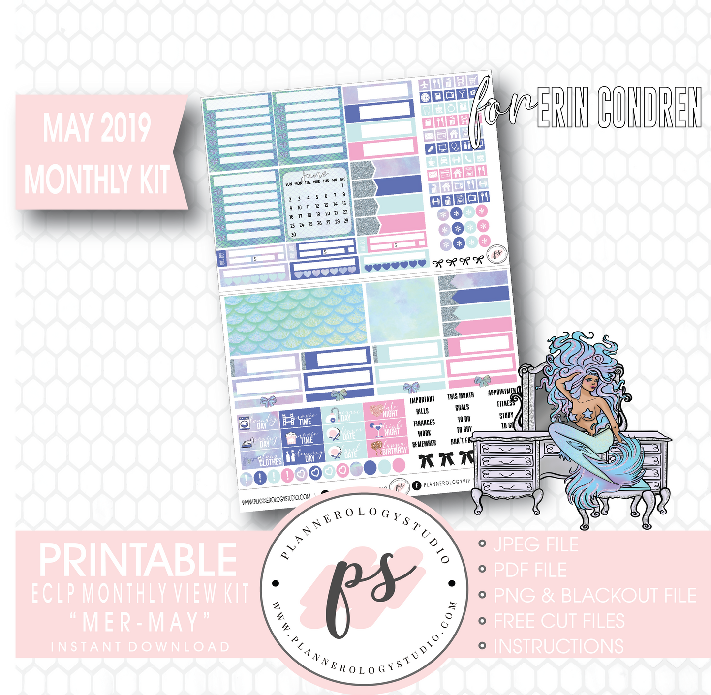Mer-May May 2019 Monthly View Kit Digital Printable Planner Stickers (for use with Erin Condren) - Plannerologystudio