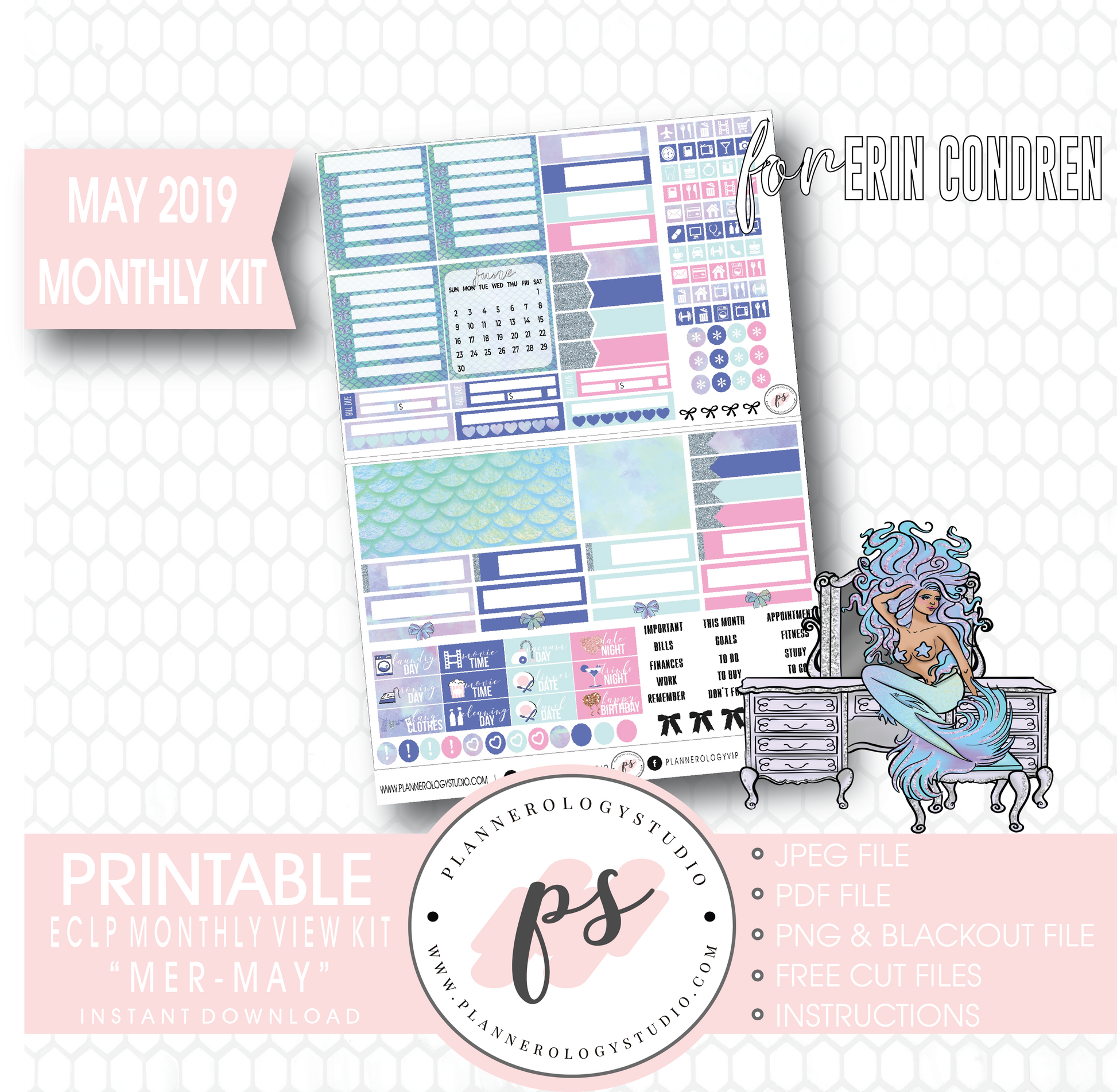 Mer-May May 2019 Monthly View Kit Digital Printable Planner Stickers (for use with Erin Condren) - Plannerologystudio