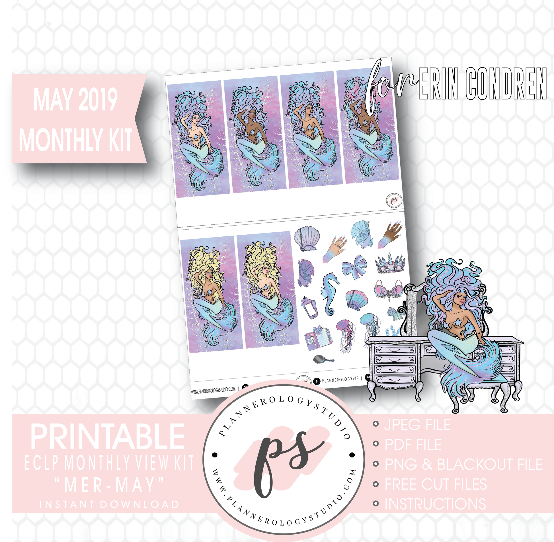 Mer-May May 2019 Monthly View Kit Digital Printable Planner Stickers (for use with Erin Condren) - Plannerologystudio