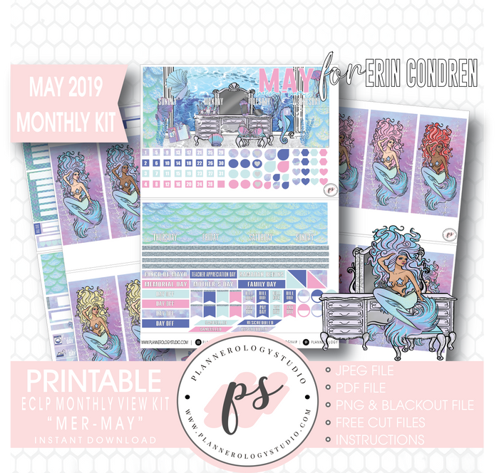 Mer-May May 2019 Monthly View Kit Digital Printable Planner Stickers (for use with Erin Condren) - Plannerologystudio