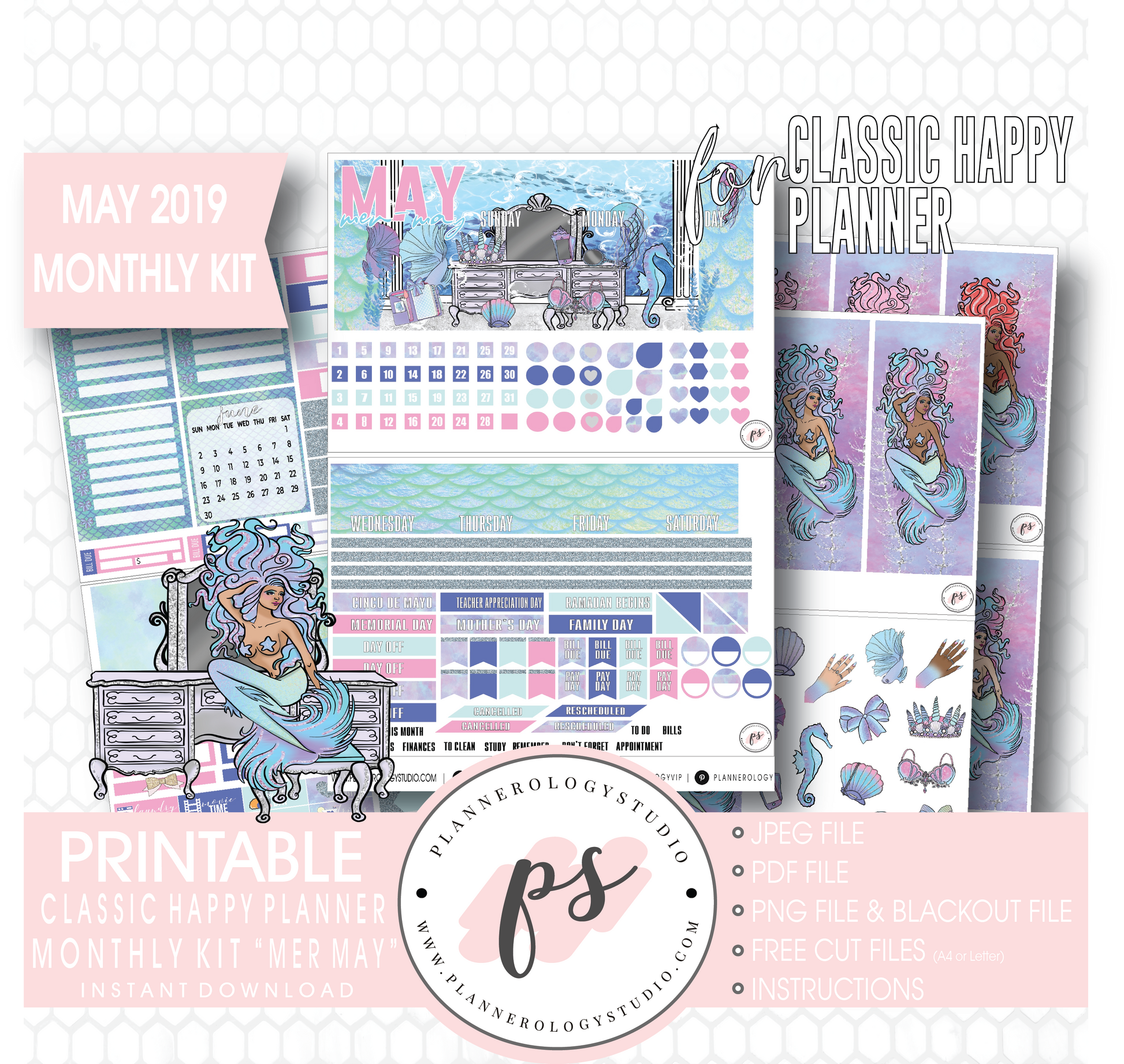 Mer-May May 2019 Monthly View Kit Digital Printable Planner Stickers (for use with Classic Happy Planner) - Plannerologystudio