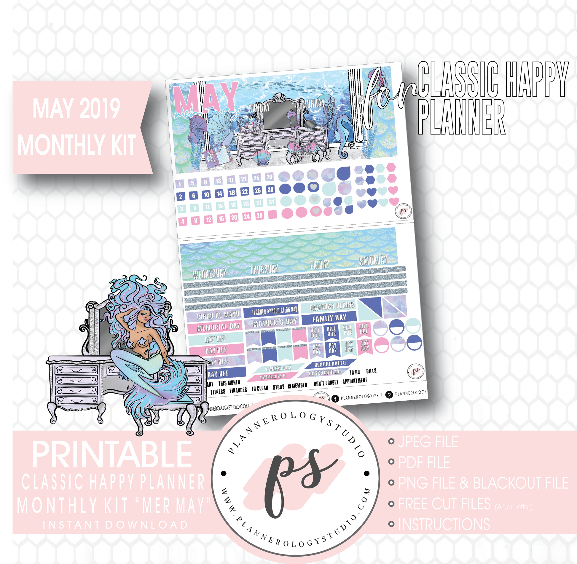 Mer-May May 2019 Monthly View Kit Digital Printable Planner Stickers (for use with Classic Happy Planner) - Plannerologystudio