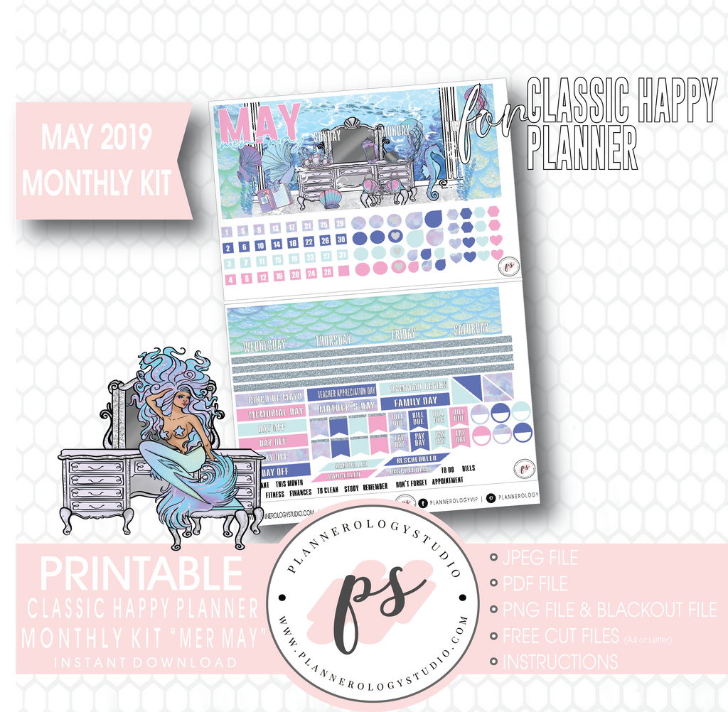 Mer-May May 2019 Monthly View Kit Digital Printable Planner Stickers (for use with Classic Happy Planner) - Plannerologystudio