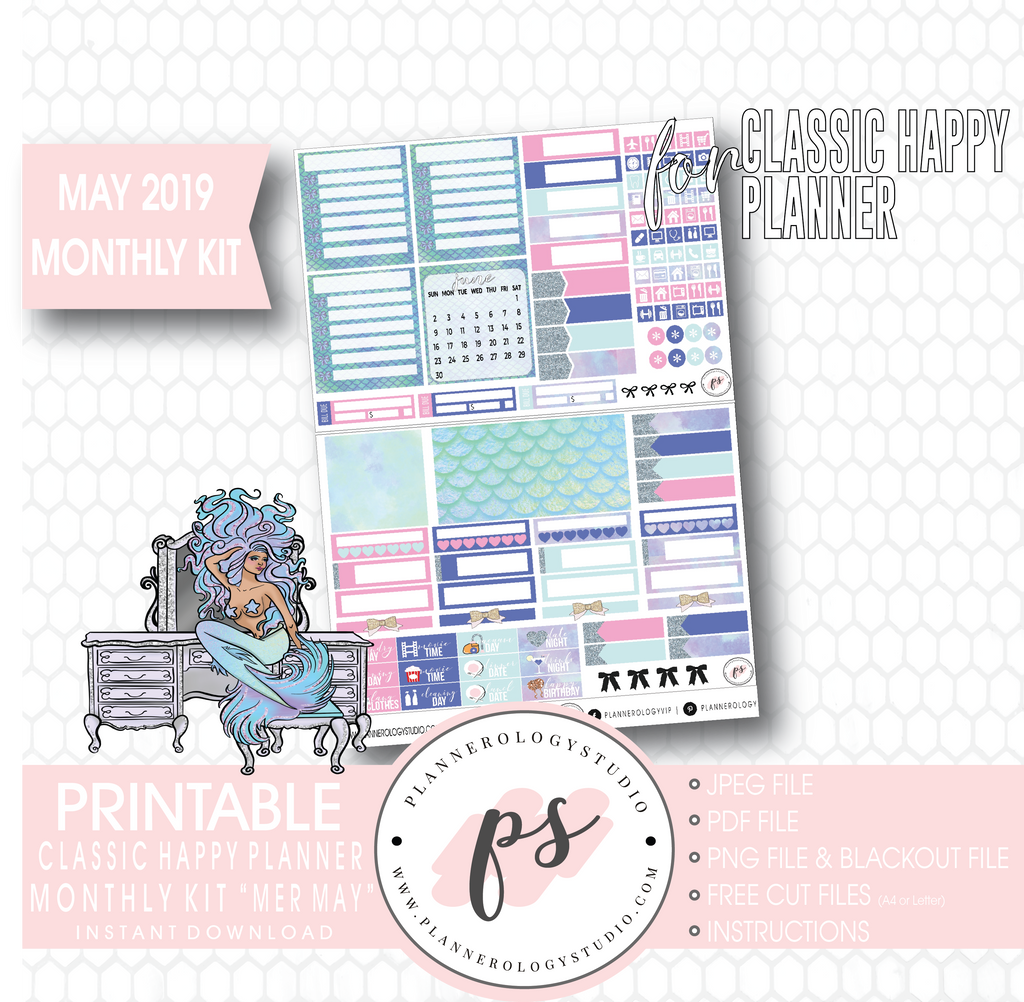 Mer-May May 2019 Monthly View Kit Digital Printable Planner Stickers (for use with Classic Happy Planner) - Plannerologystudio