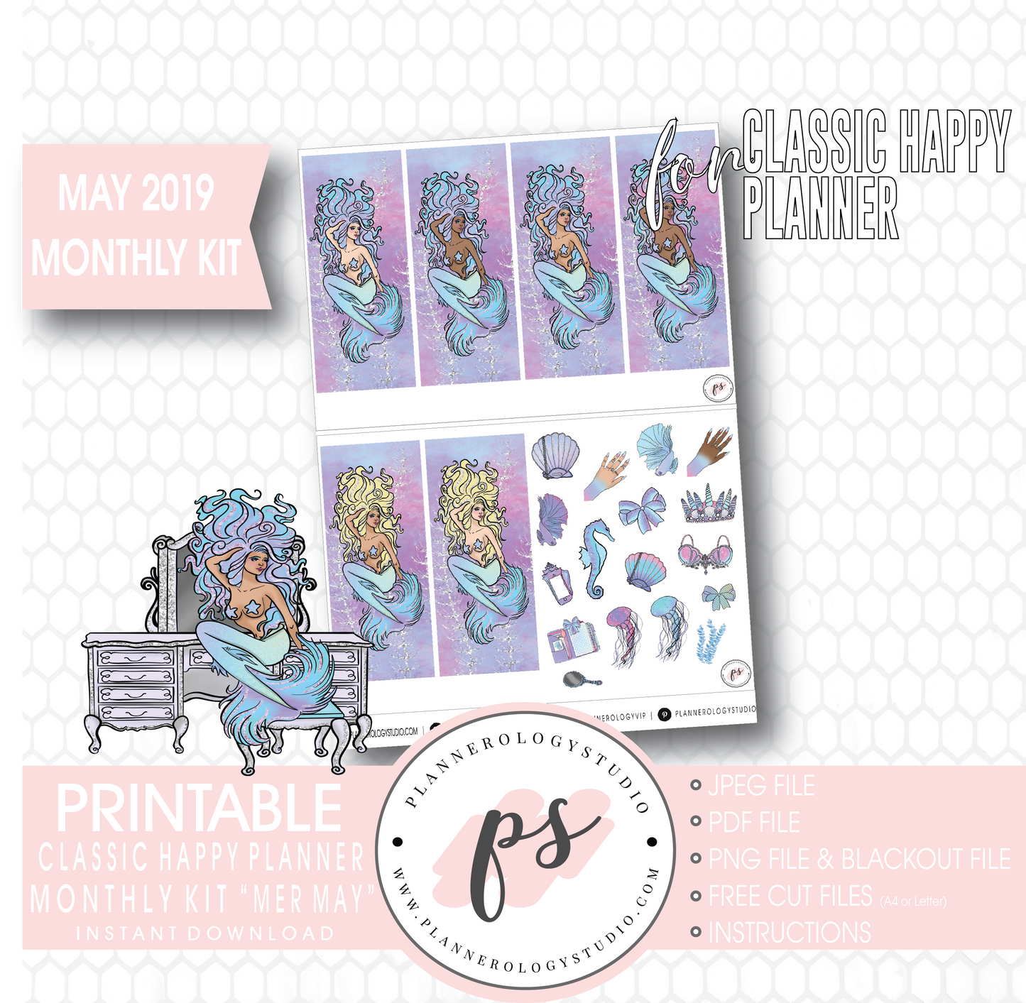 Mer-May May 2019 Monthly View Kit Digital Printable Planner Stickers (for use with Classic Happy Planner) - Plannerologystudio