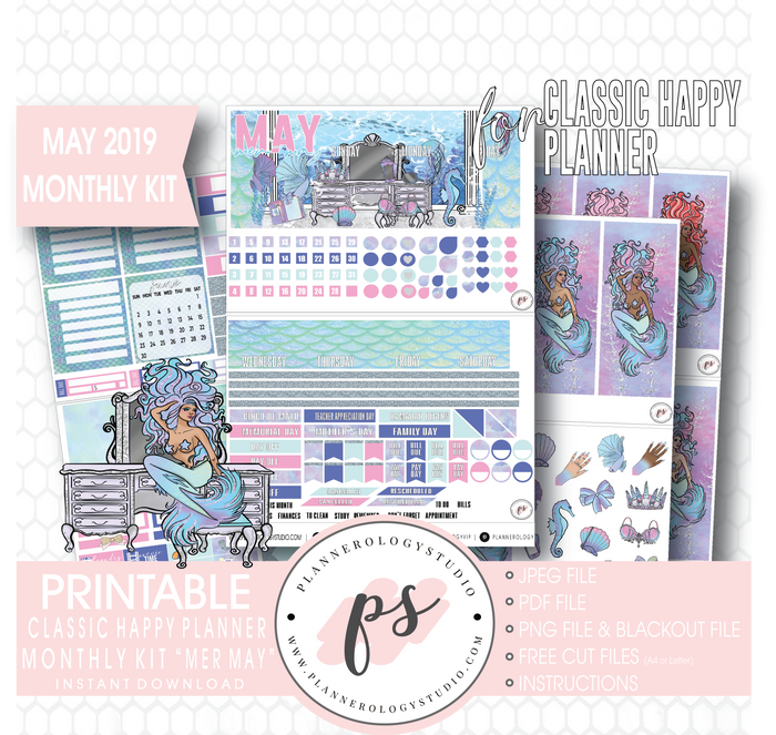 Mer-May May 2019 Monthly View Kit Digital Printable Planner Stickers (for use with Classic Happy Planner) - Plannerologystudio