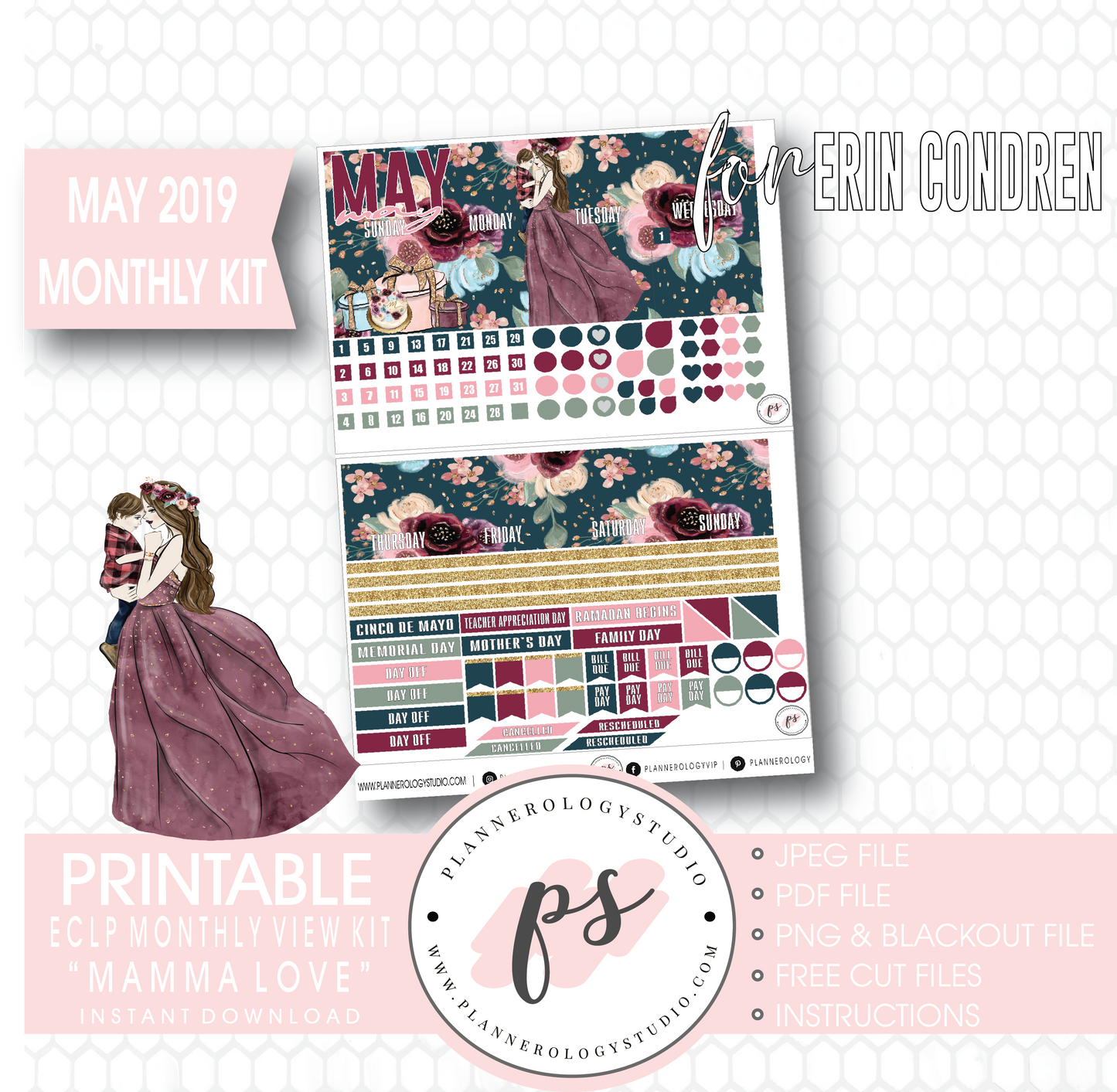 Mamma Love (Mother & Son) May 2019 Monthly View Kit Digital Printable Planner Stickers (for use with Erin Condren) - Plannerologystudio