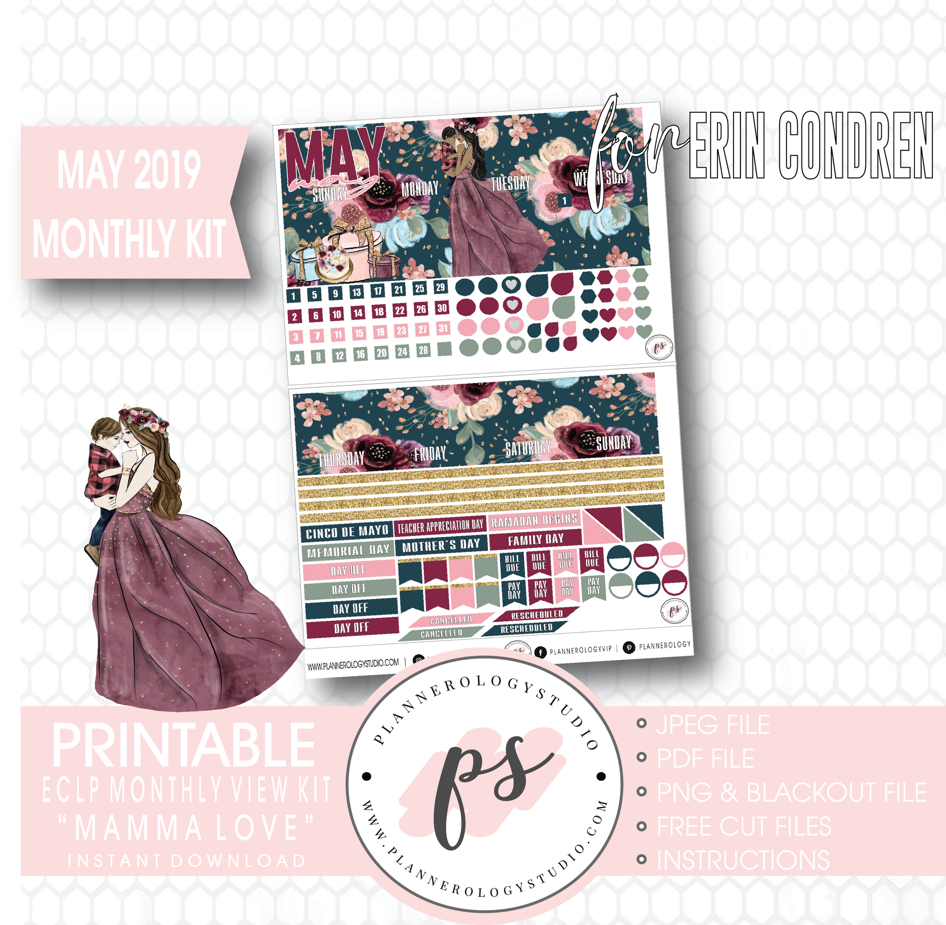 Mamma Love (Mother & Son) May 2019 Monthly View Kit Digital Printable Planner Stickers (for use with Erin Condren) - Plannerologystudio