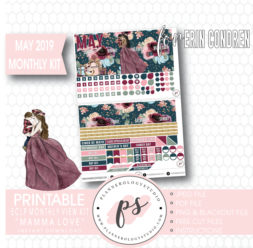 Mamma Love (Mother & Son) May 2019 Monthly View Kit Digital Printable Planner Stickers (for use with Erin Condren) - Plannerologystudio