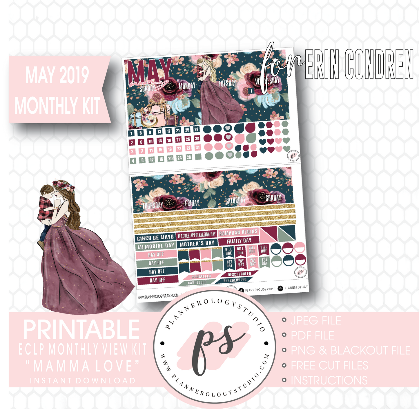 Mamma Love (Mother & Son) May 2019 Monthly View Kit Digital Printable Planner Stickers (for use with Erin Condren) - Plannerologystudio