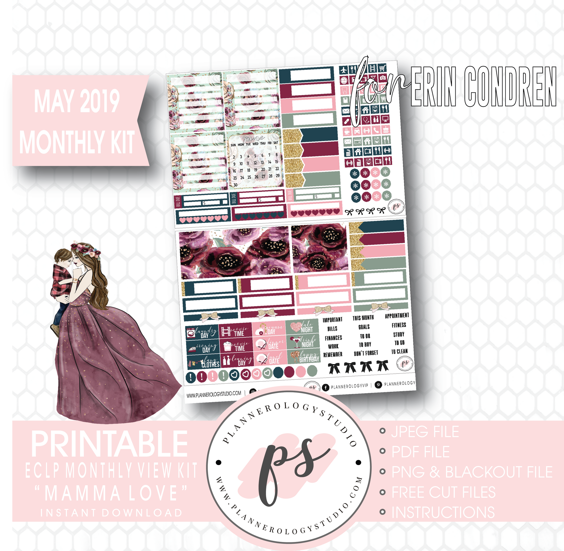 Mamma Love (Mother & Son) May 2019 Monthly View Kit Digital Printable Planner Stickers (for use with Erin Condren) - Plannerologystudio