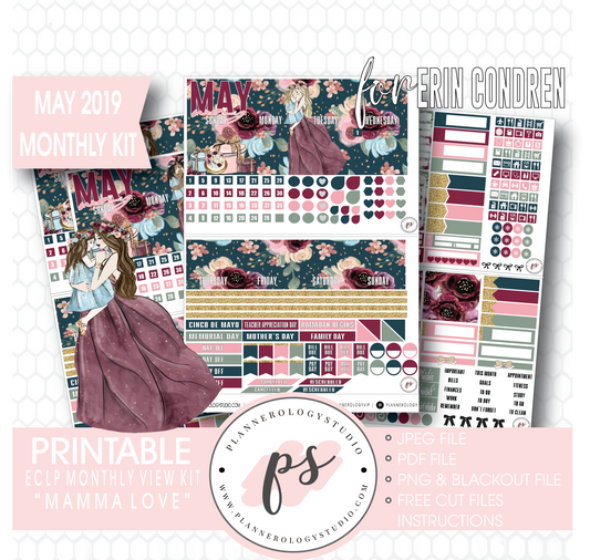 Mamma Love (Mother & Daughter) May 2019 Monthly View Kit Digital Printable Planner Stickers (for use with Erin Condren) - Plannerologystudio