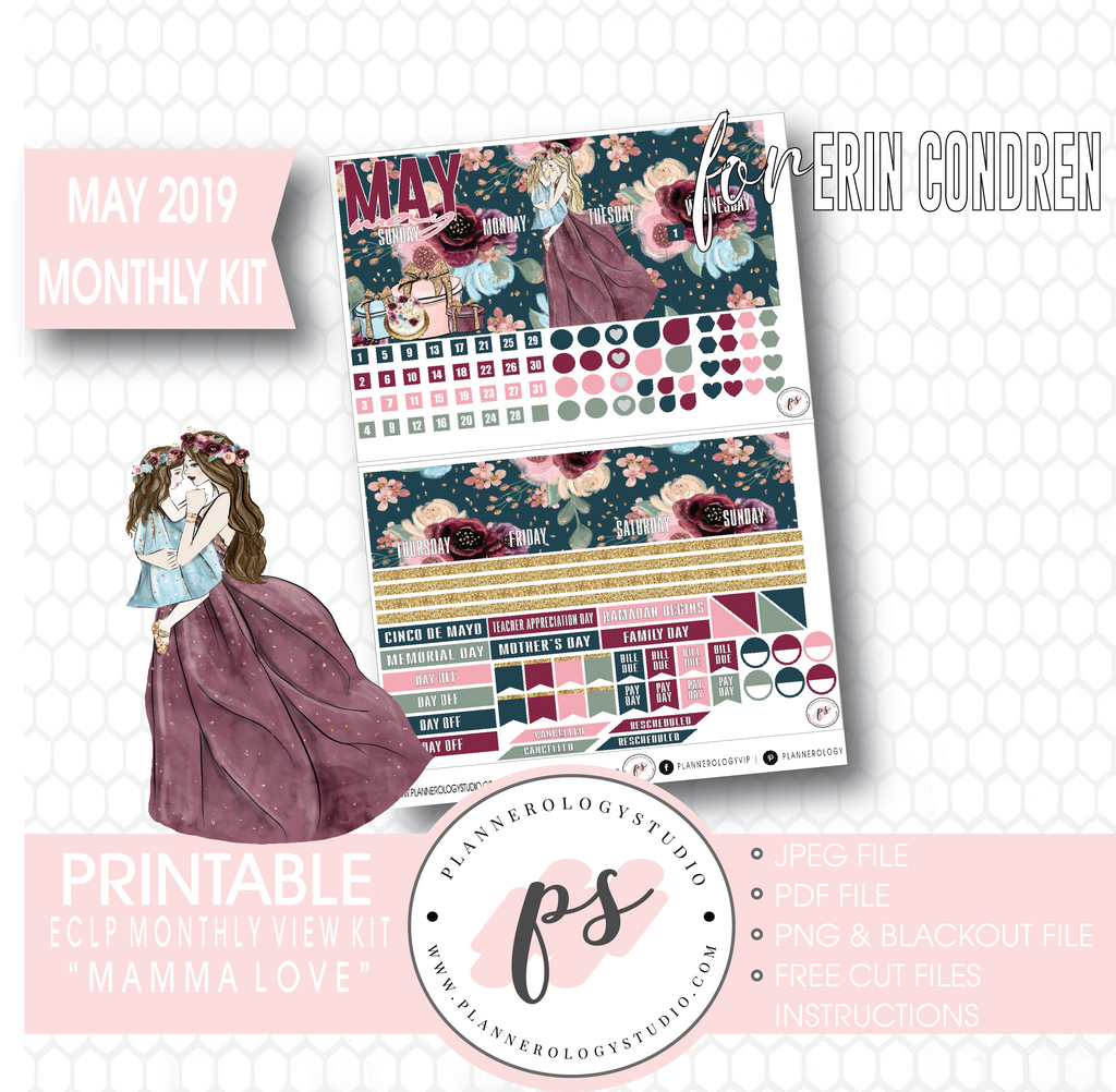 Mamma Love (Mother & Daughter) May 2019 Monthly View Kit Digital Printable Planner Stickers (for use with Erin Condren) - Plannerologystudio