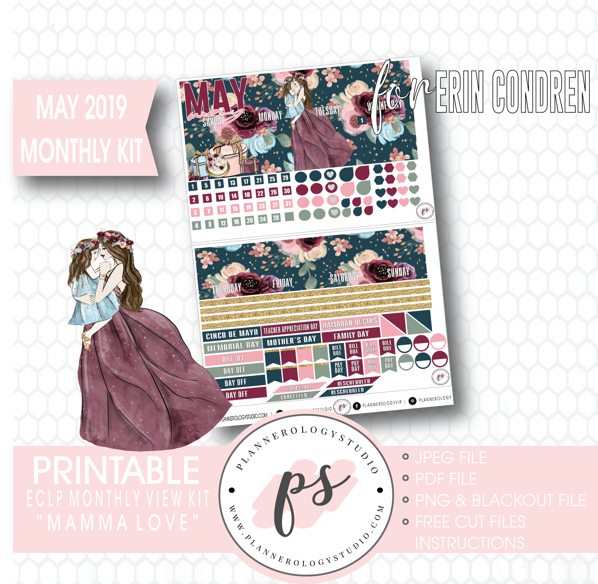 Mamma Love (Mother & Daughter) May 2019 Monthly View Kit Digital Printable Planner Stickers (for use with Erin Condren) - Plannerologystudio