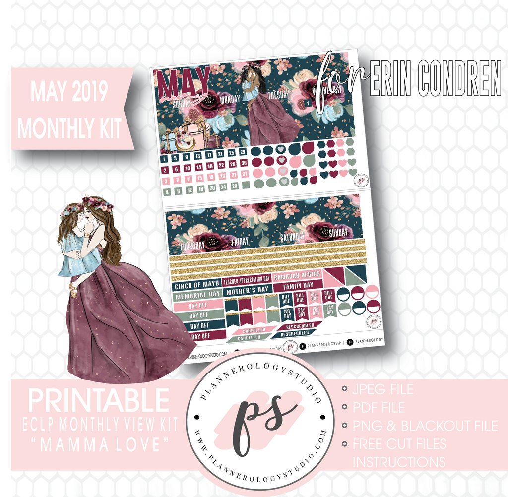 Mamma Love (Mother & Daughter) May 2019 Monthly View Kit Digital Printable Planner Stickers (for use with Erin Condren) - Plannerologystudio