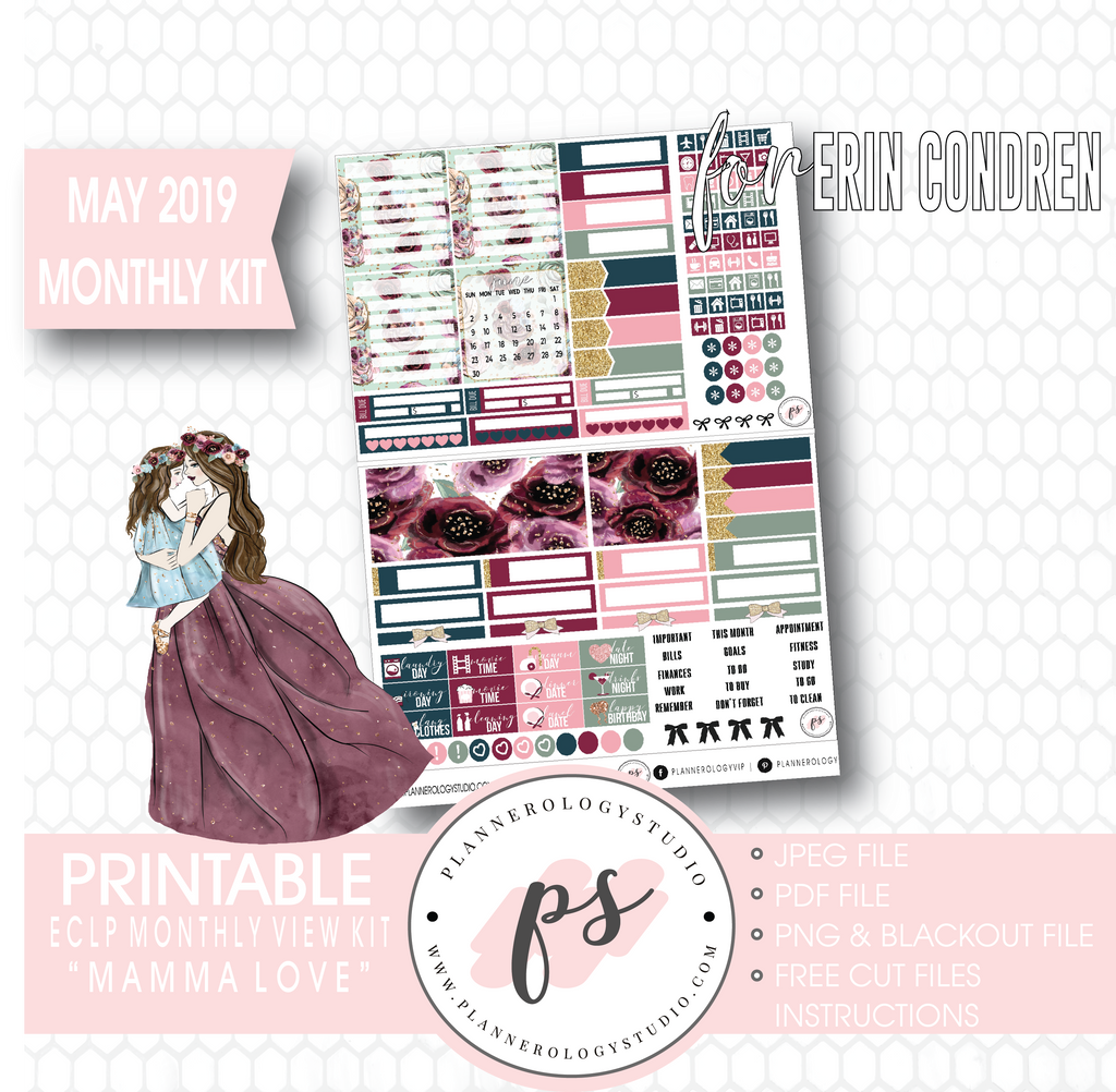 Mamma Love (Mother & Daughter) May 2019 Monthly View Kit Digital Printable Planner Stickers (for use with Erin Condren) - Plannerologystudio