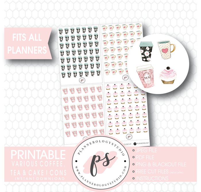 Various Coffee, Tea & Cake Icons Digital Printable Planner Stickers - Plannerologystudio