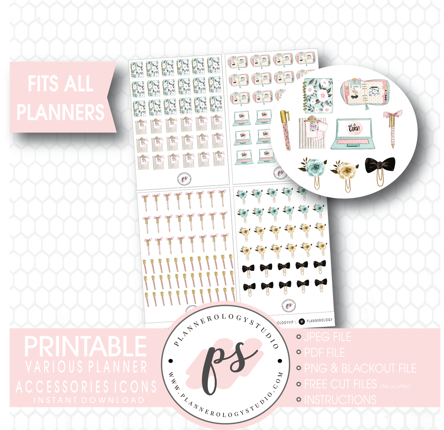 Various Planner Stationery & Accessories Icons Digital Printable Planner Stickers - Plannerologystudio