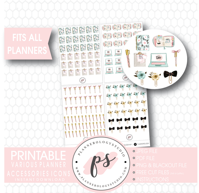 Various Planner Stationery & Accessories Icons Digital Printable Planner Stickers - Plannerologystudio