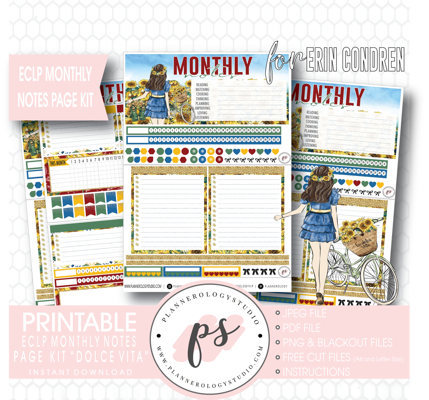 Dolce Vita Monthly Notes Page Kit Digital Printable Planner Stickers (for use with Erin Condren) - Plannerologystudio