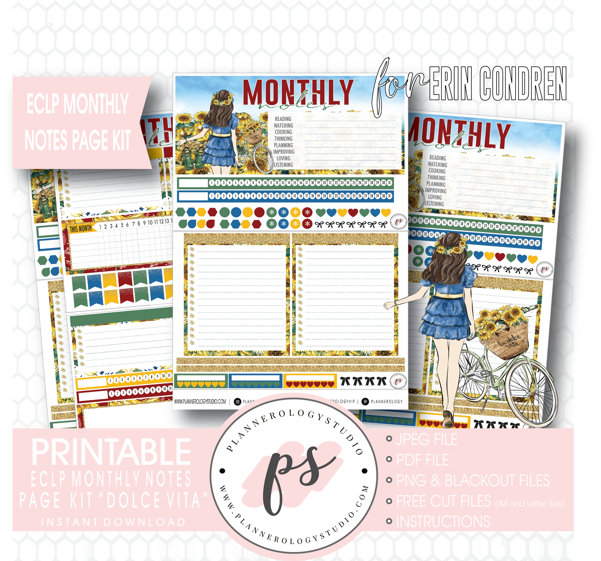 Dolce Vita Monthly Notes Page Kit Digital Printable Planner Stickers (for use with Erin Condren) - Plannerologystudio