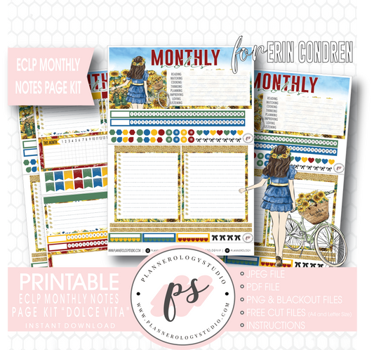 Dolce Vita Monthly Notes Page Kit Digital Printable Planner Stickers (for use with Erin Condren) - Plannerologystudio