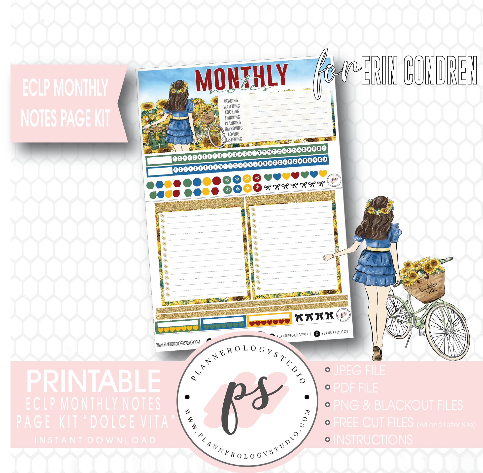 Dolce Vita Monthly Notes Page Kit Digital Printable Planner Stickers (for use with Erin Condren) - Plannerologystudio