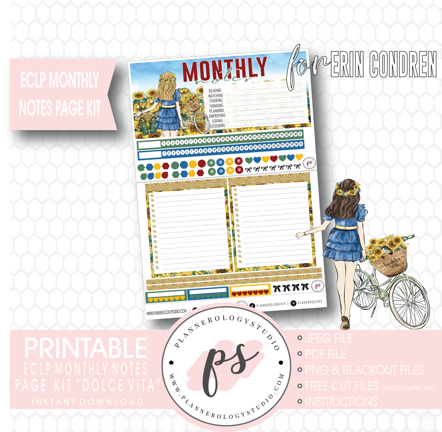 Dolce Vita Monthly Notes Page Kit Digital Printable Planner Stickers (for use with Erin Condren) - Plannerologystudio