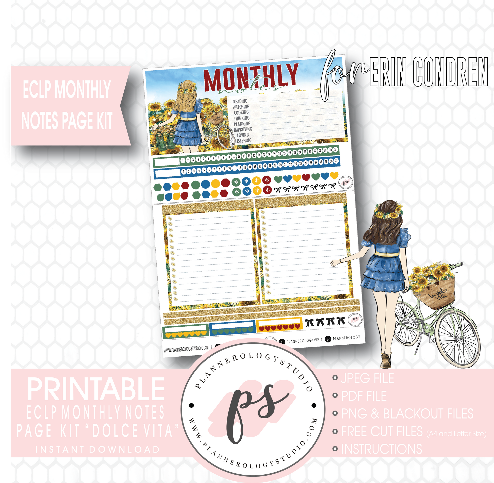 Dolce Vita Monthly Notes Page Kit Digital Printable Planner Stickers (for use with Erin Condren) - Plannerologystudio