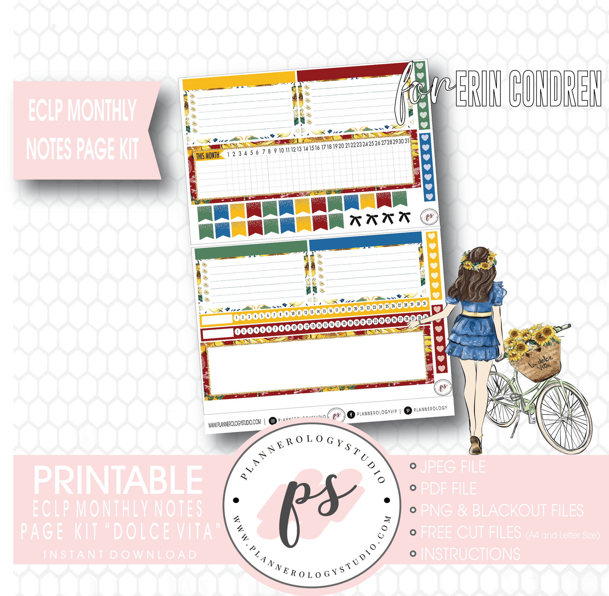 Dolce Vita Monthly Notes Page Kit Digital Printable Planner Stickers (for use with Erin Condren) - Plannerologystudio