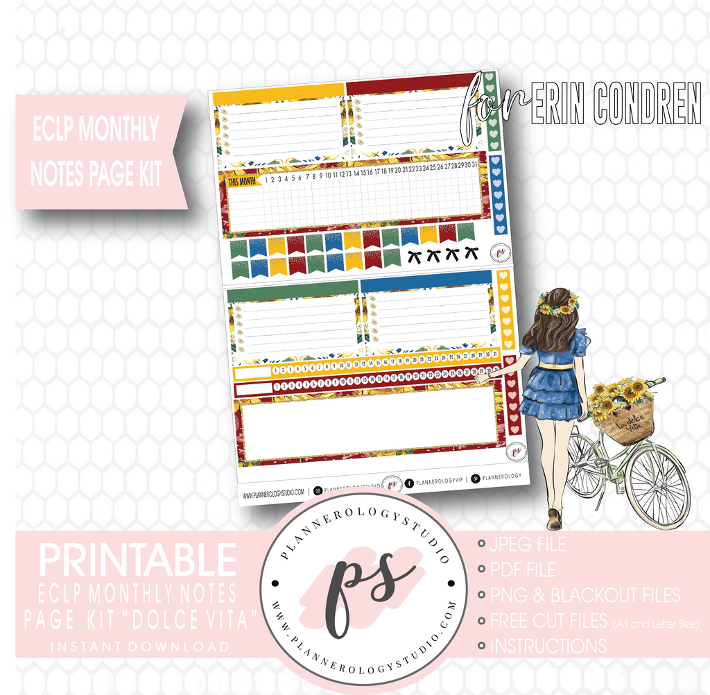 Dolce Vita Monthly Notes Page Kit Digital Printable Planner Stickers (for use with Erin Condren) - Plannerologystudio