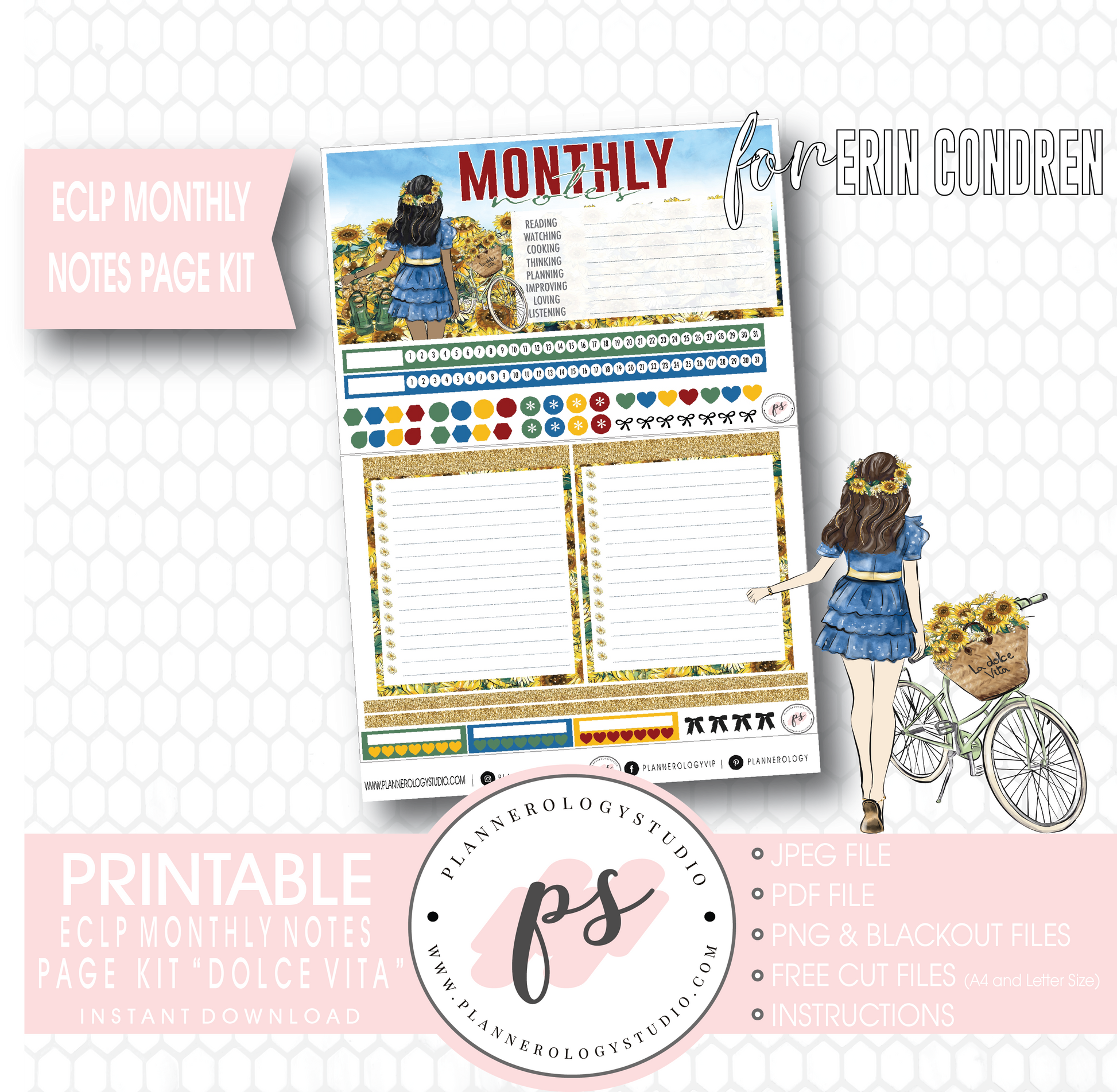 Dolce Vita Monthly Notes Page Kit Digital Printable Planner Stickers (for use with Erin Condren) - Plannerologystudio