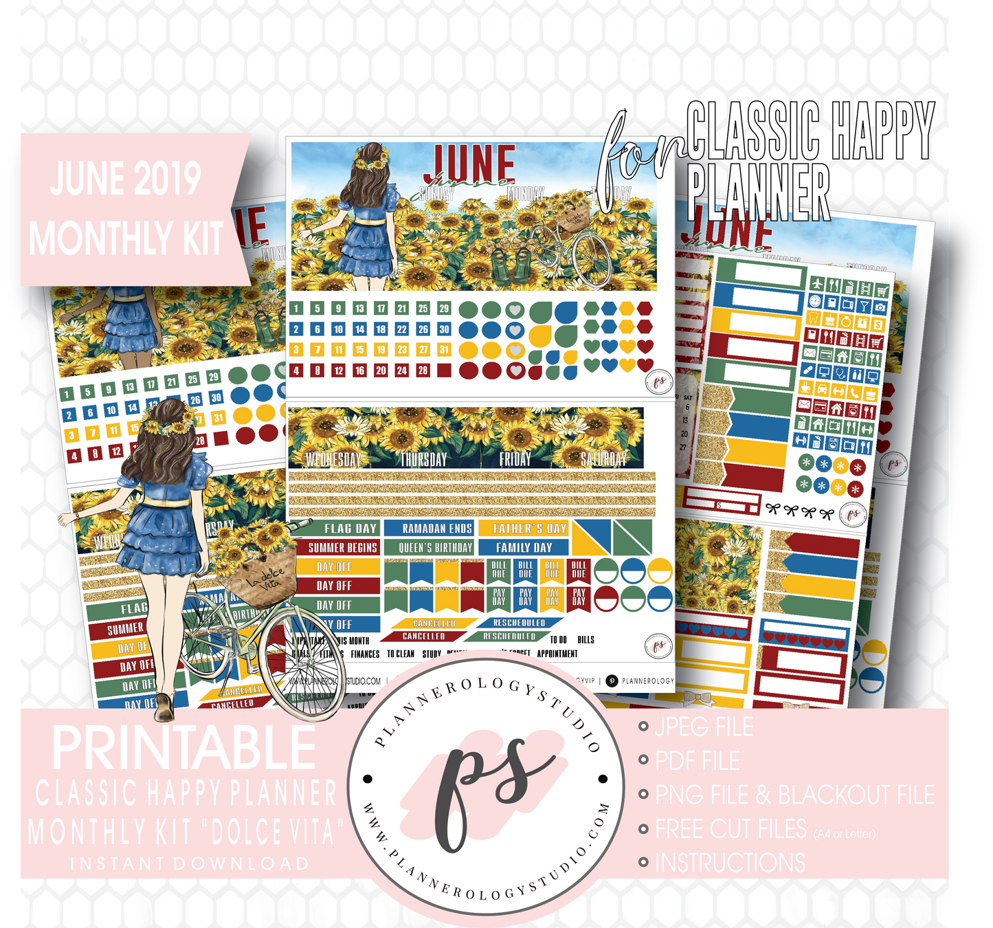 Dolce Vita June 2019 Monthly View Kit Digital Printable Planner Stickers (for use with Classic Happy Planner) - Plannerologystudio