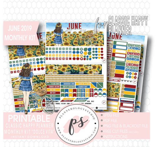 Dolce Vita June 2019 Monthly View Kit Digital Printable Planner Stickers (for use with Classic Happy Planner) - Plannerologystudio