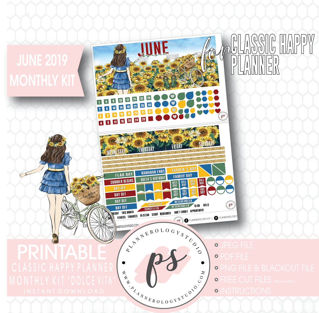 Dolce Vita June 2019 Monthly View Kit Digital Printable Planner Stickers (for use with Classic Happy Planner) - Plannerologystudio